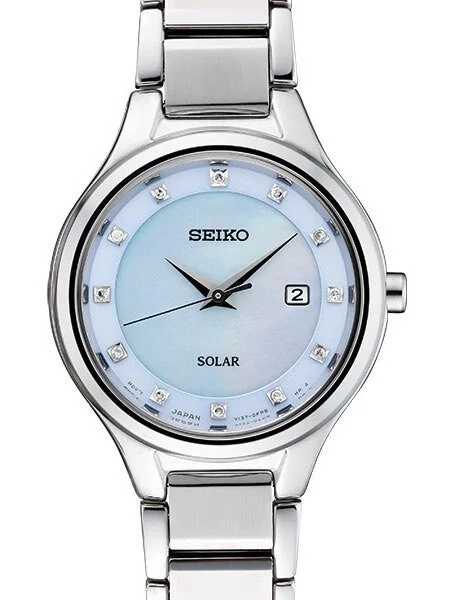 Seiko Solar Dress Watch with 12 Diamond Hour Markers, Mother of Pearl Dial #SUT351 kol saa
