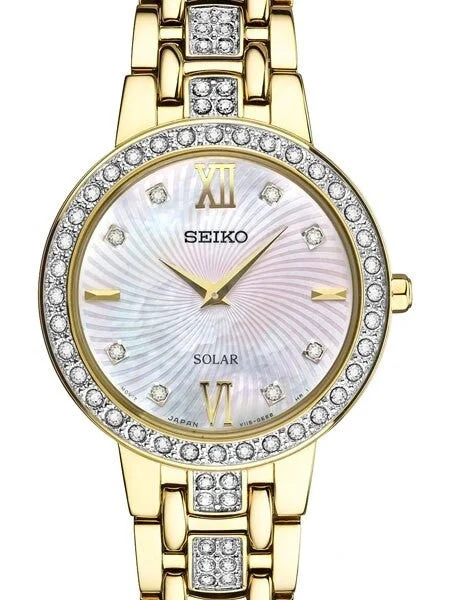 Seiko Solar Dress Watch with Swarovski Crystals, Mother of Pearl Dial #SUP364 28 mm kol saati