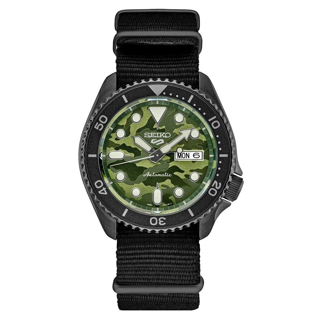 Seiko Sports Automatic Watch with Green Camo Dial and Gun Metal Case #SRPJ37 kol saati