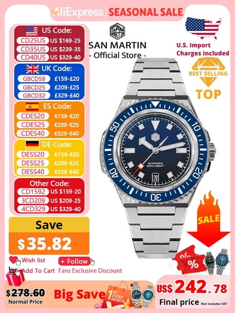 San Martin Men Diving Watch Integrated Case NH35 Automa San Martin 41mm Men Diving Watch I