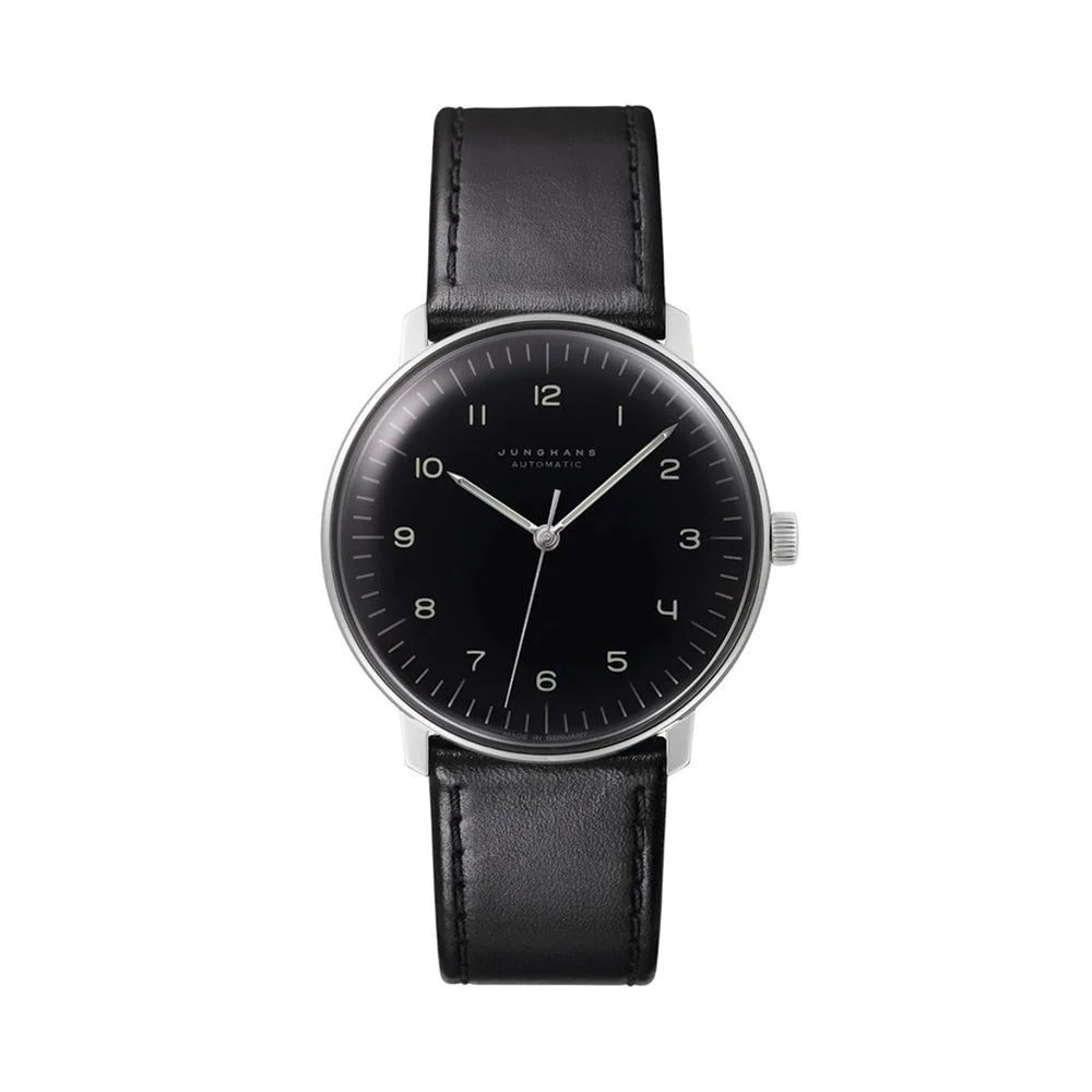 Junghans Max Bill Automatic w/ Numerals and Sapphire Crystal 38mm - Black on Leather Strap 27.3400.02 38 mm kol saati