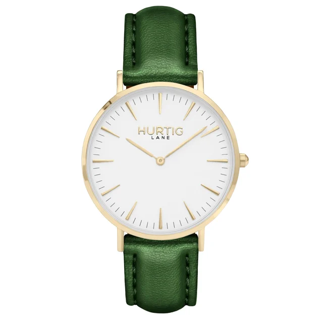Hurtig Lane Vegan Watches Mykonos CACTUS Leather Watch Gold, White & Green kol saati