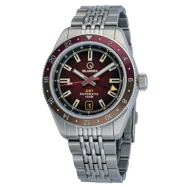 Islander Port Jefferson GMT Skin Diver Automatic Watch with Maroon Dial #ISL-249 kol saati