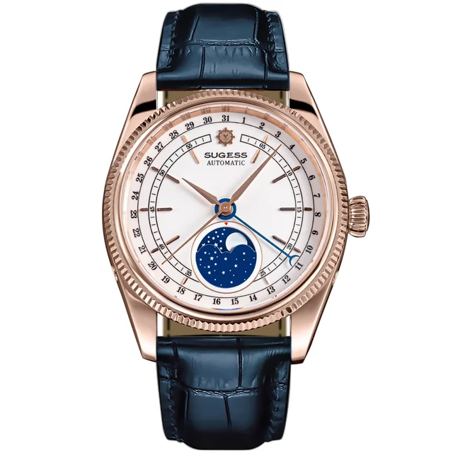 Sugess MoonPhase Master S452 Rose Gold White Dial Deep Blue Strap kol saati