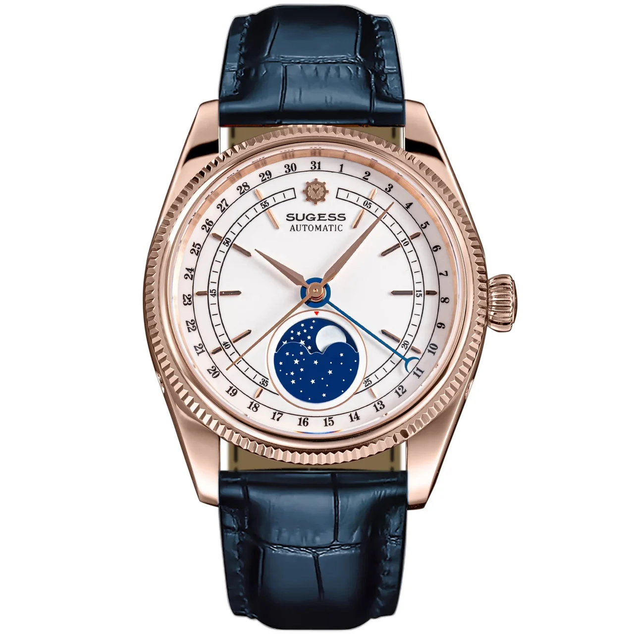 Sugess MoonPhase Master S452 Rose Gold White Dial Deep Blue Strap 40 mm kol saati
