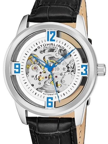 Stuhrling Skeleton Automatic Dress Watch with Vibrant Blue Hands #877.01 42 mm kol saati