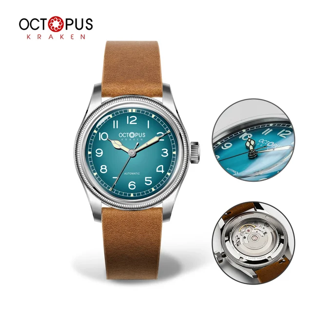 Octopus Kraken Coin Bezel Pilot Men Watch Oct0022-钢壳/钱币圈飞行员-蛇形针- 渐变浅蓝 kol saati