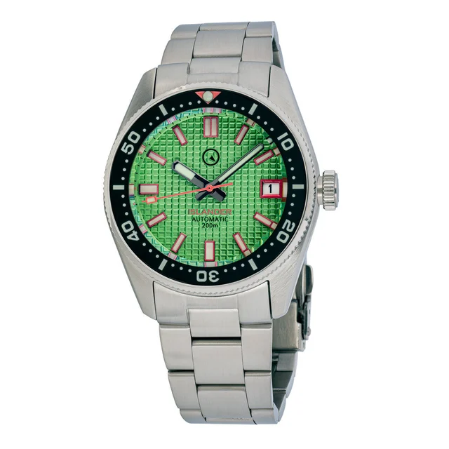 Islander Automatic Dive Watch with a Mint Green Waffle Dial and Coral Red Accents #ISL-126