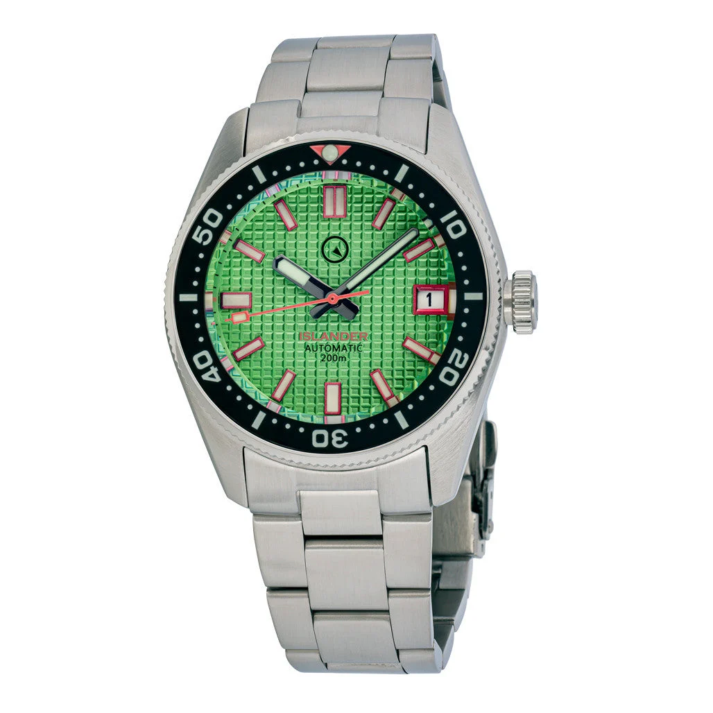 Islander Automatic Dive Watch with a Mint Green Waffle Dial and Coral Red Accents #ISL-126 38 mm kol saati