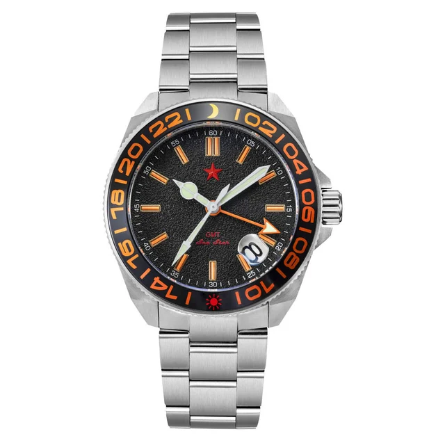 Red Star SEA STAR 4 GMT Watch with Black Dial and Passive Luminous Tubes #8759G-C kol saat