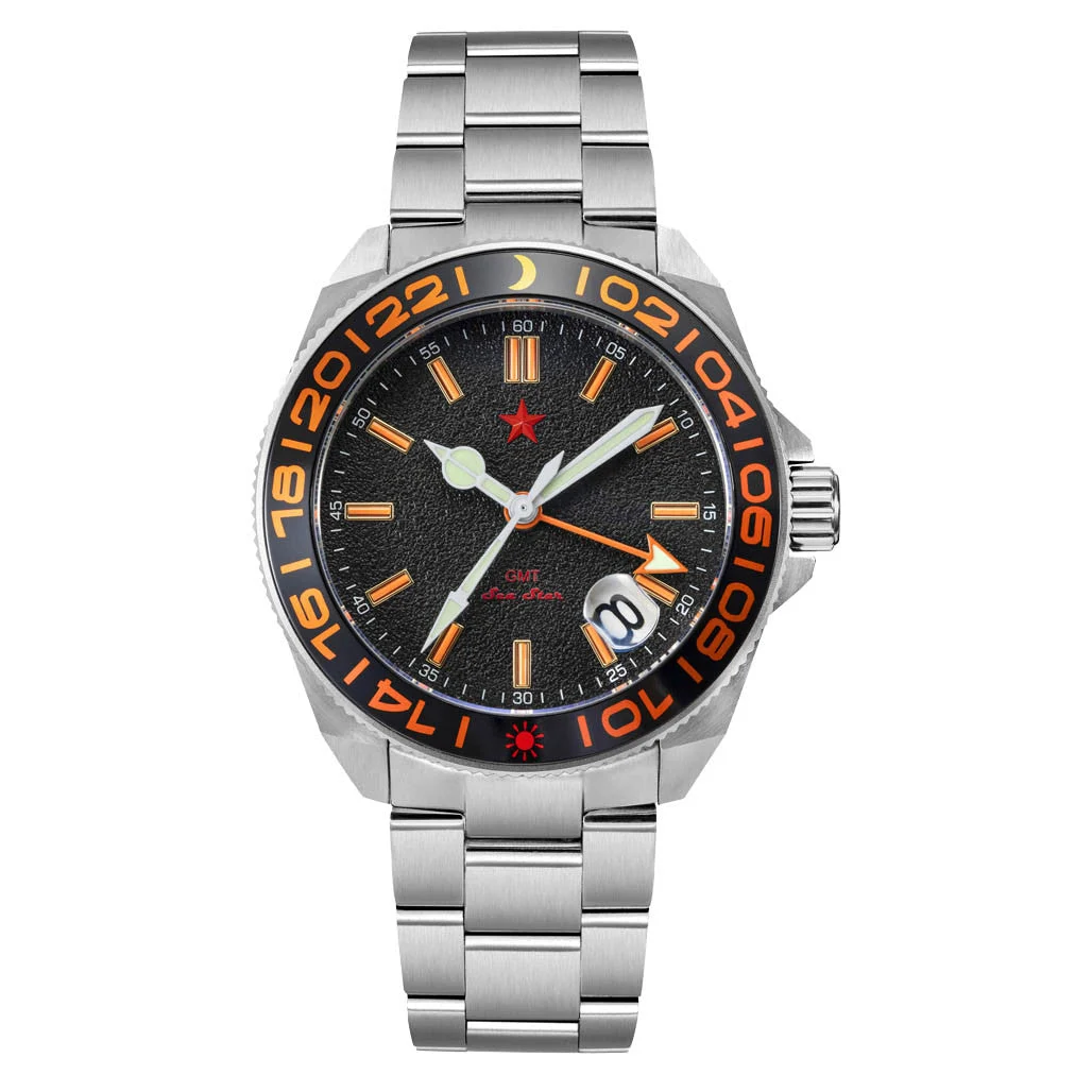 Red Star SEA STAR 4 GMT Watch with Black Dial and Passive Luminous Tubes #8759G-C kol saati