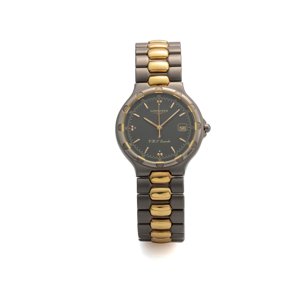 Longines Ref. L.16139, quartz, date, two-time zone; “Ti / V.H.P” “Conquest”; titanium and gilded titanium kol saati