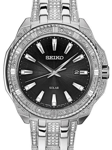 Seiko Solar Powered Watch with Swarovski Crystals on Case, Dial and Bracelet #SNE457 48 mm kol saati
