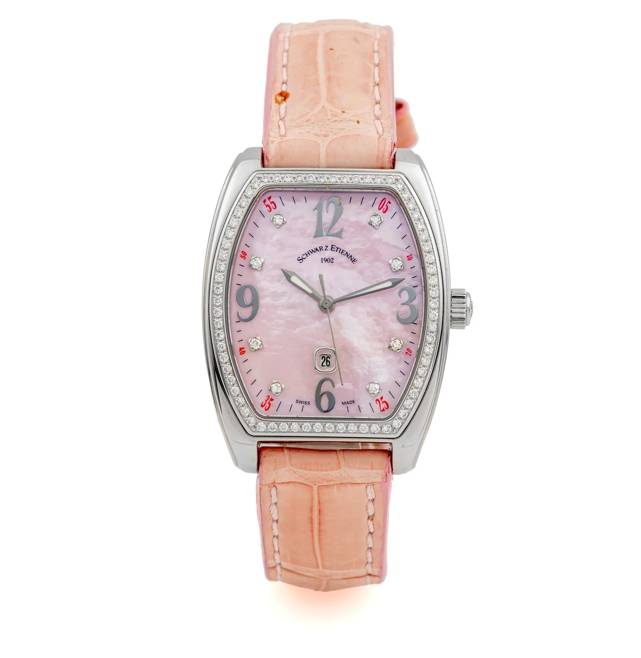 Schwarz Etienne Ref. 255401, self-winding, centre-seconds, date, pink mother-of-pearl dial; “Villeroy”; stainless steel and diamonds; “ ” ( ) kol saati