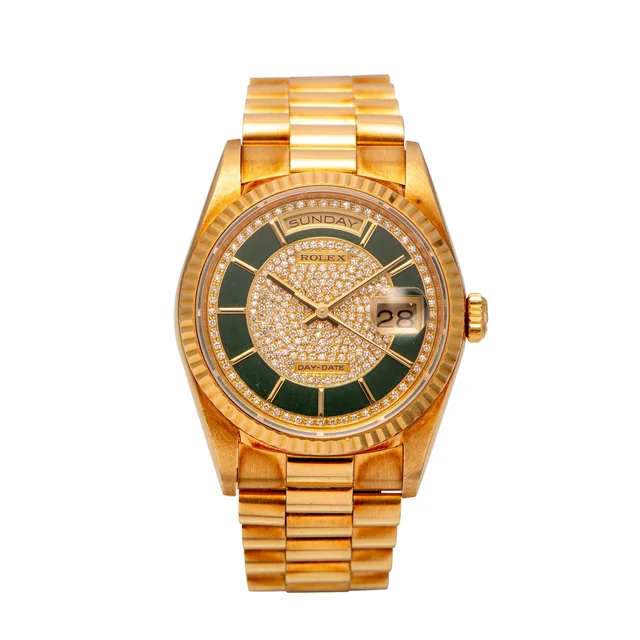 Rolex ROLEX, REF. 181238, DAY-DATE CAROUSEL DIAMOND AND GREEN ENAMEL DIAL, YELLOW GOLD kol
