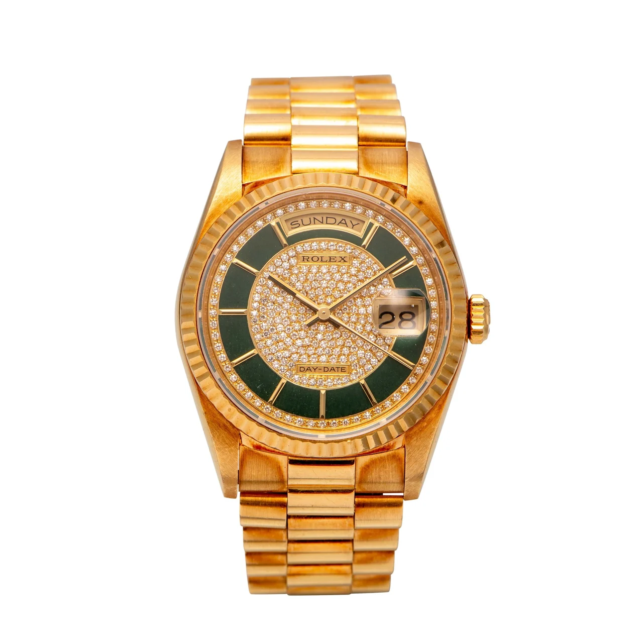Rolex ROLEX, REF. 181238, DAY-DATE CAROUSEL DIAMOND AND GREEN ENAMEL DIAL, YELLOW GOLD kol saati