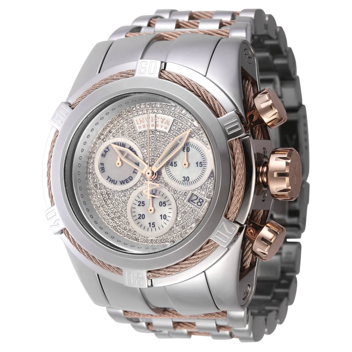 Invicta Reserve Bolt Zeus 1.02 Carat Diamond Swiss Ronda Z60 Caliber Watch w/ Mother of Pearl Dial - 53mm, Rose Gold, Steel (45919) kol saati