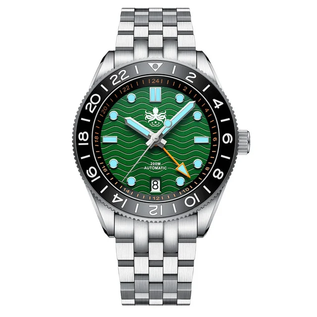 Phoibos Wave Master GMT Automatic Watch with Green Dial #PY049A kol saati