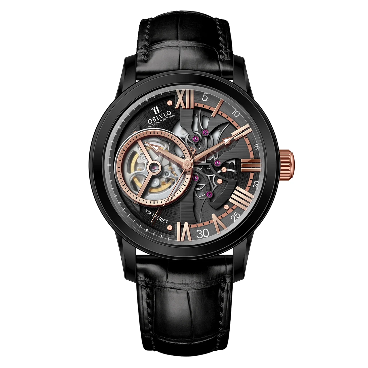OBLVLO Leather Strap ,Black Dial VM-Q-TBBL VM Series,42mm,Black Leather Strap ,Black Dial VM-Q-TBBL 42 mm kol saati