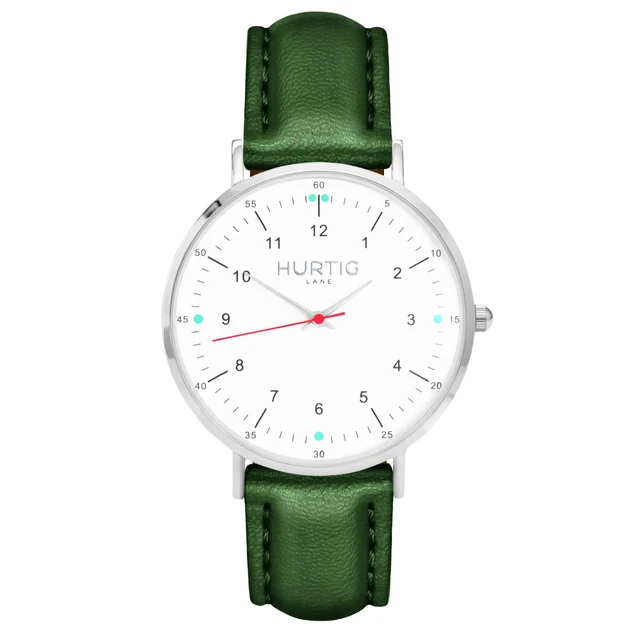 Hurtig Lane Vegan Watches Moderno CACTUS Leather Watch Silver, White & Green kol saati