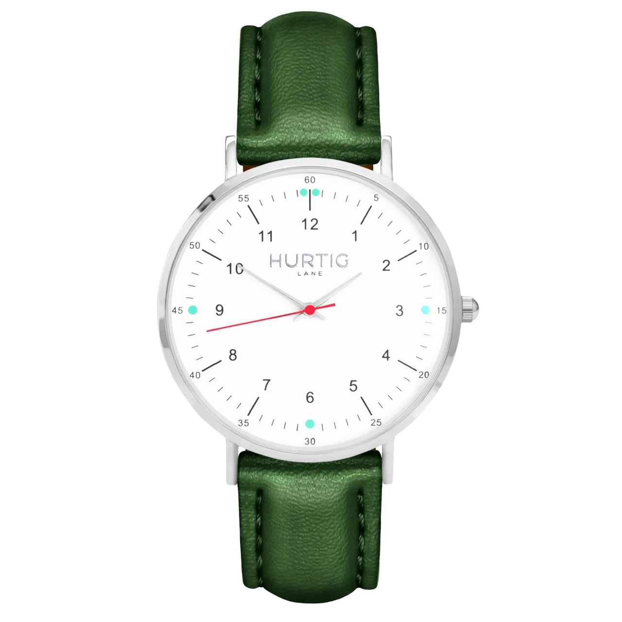Hurtig Lane Vegan Watches Moderno CACTUS Leather Watch Silver, White & Green 40 mm kol saati
