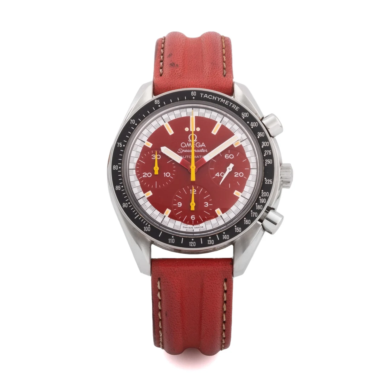 OMEGA OMEGA REF. 3810.61.41, SELF-WINDING, CHRONOGRAPH, MINUTE AND HOUR COUNTERS; “SPEEDMASTER REDUCED”, SO-CALLED “RED SCHUMACHER”; STAINLESS STEEL kol saati