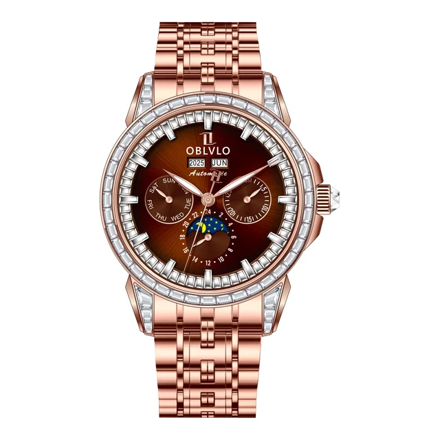 OBLVLO GCM Series,41mm,Rose Gold Steel Strap,Diamond Bezel,Brown Di kol saati