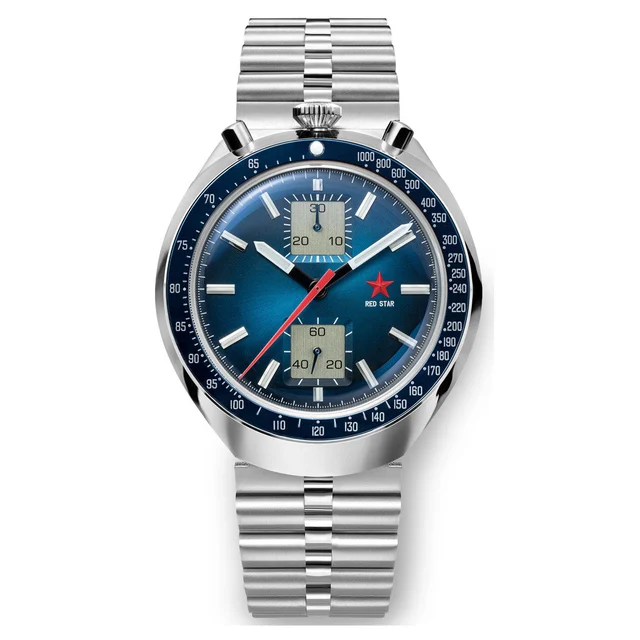 Red Star Bullhead Mechanical Chronograph with Blue Dial #8597G-1 kol saati