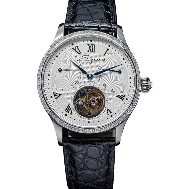 Sugess Tourbillon Master SU8004BKRD Black Roman Numerals Crystal Ri kol saati