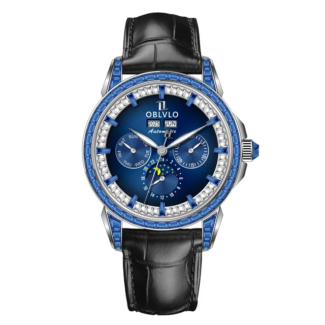 OBLVLO GCM Series,41mm,Black Leather Strap ,Diamond Bezel, Blue Dia kol saati