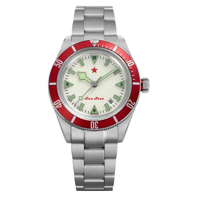 Red Star SEA STAR Watch with Full Lume Dial and Red Bezel #7074G-G kol saati
