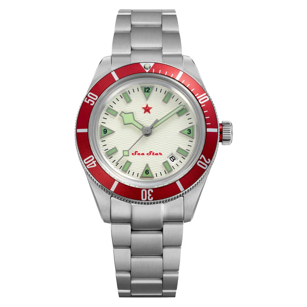 Red Star SEA STAR Watch with Full Lume Dial and Red Bezel #7074G-G kol saati