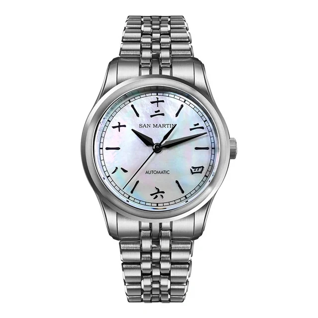 San Martin Gada Watch SN0144CG1-5款反R钢壳/白面火花纹/汉字/五铢 kol saati