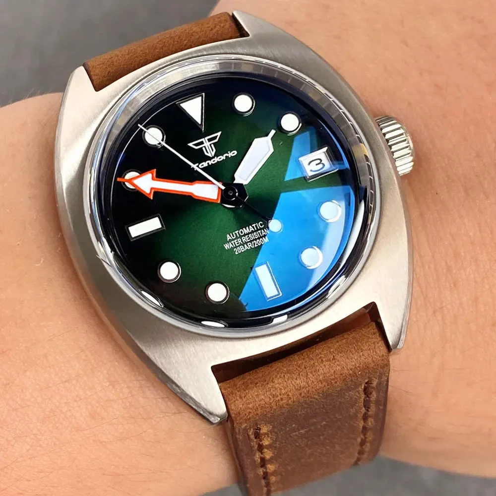 Tandorio Identity Crisis watch TD102s NH35 Domed AR Sapphire 36mm pilot watch 14:350850#green-leather-logo;5:56964930#NH35A 36 mm kol saati