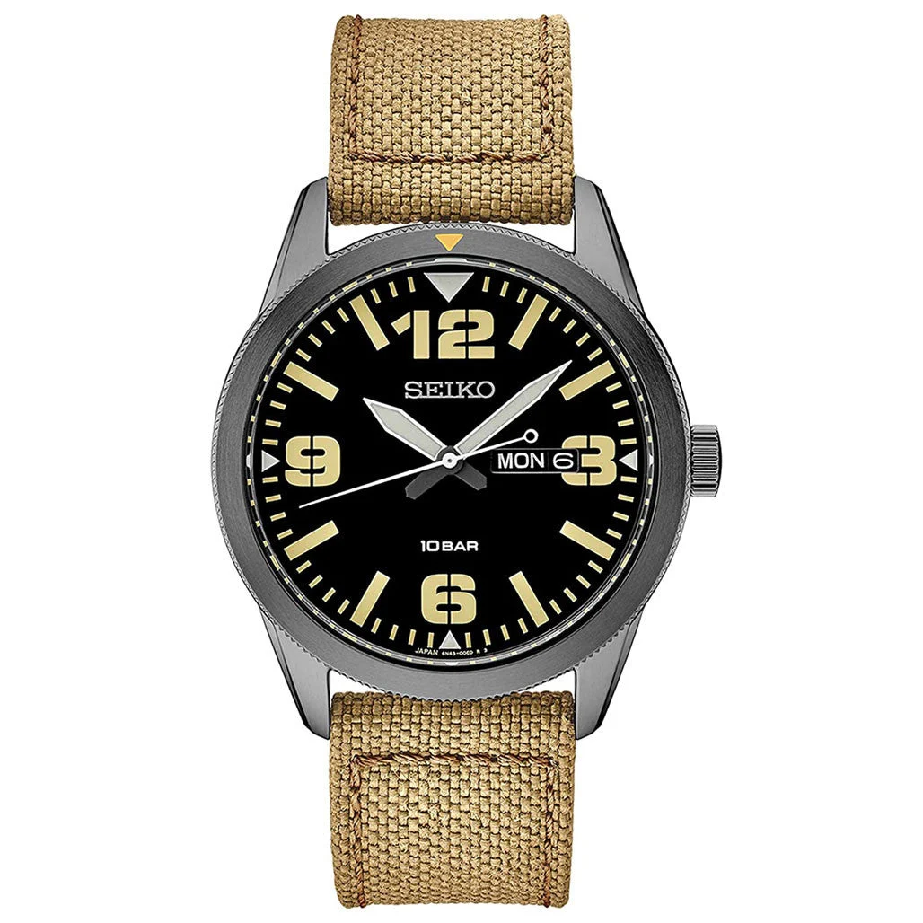 Seiko PVD Case Quartz watch with an easy-to-read black dial with day and date #SUR493 43 mm kol saati
