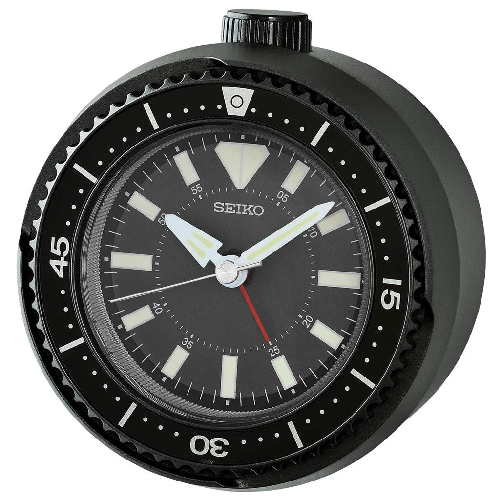 Seiko Mai Modern Rotating Bezel Alarm Clock in Metallic Black #QHE207KLH kol saati