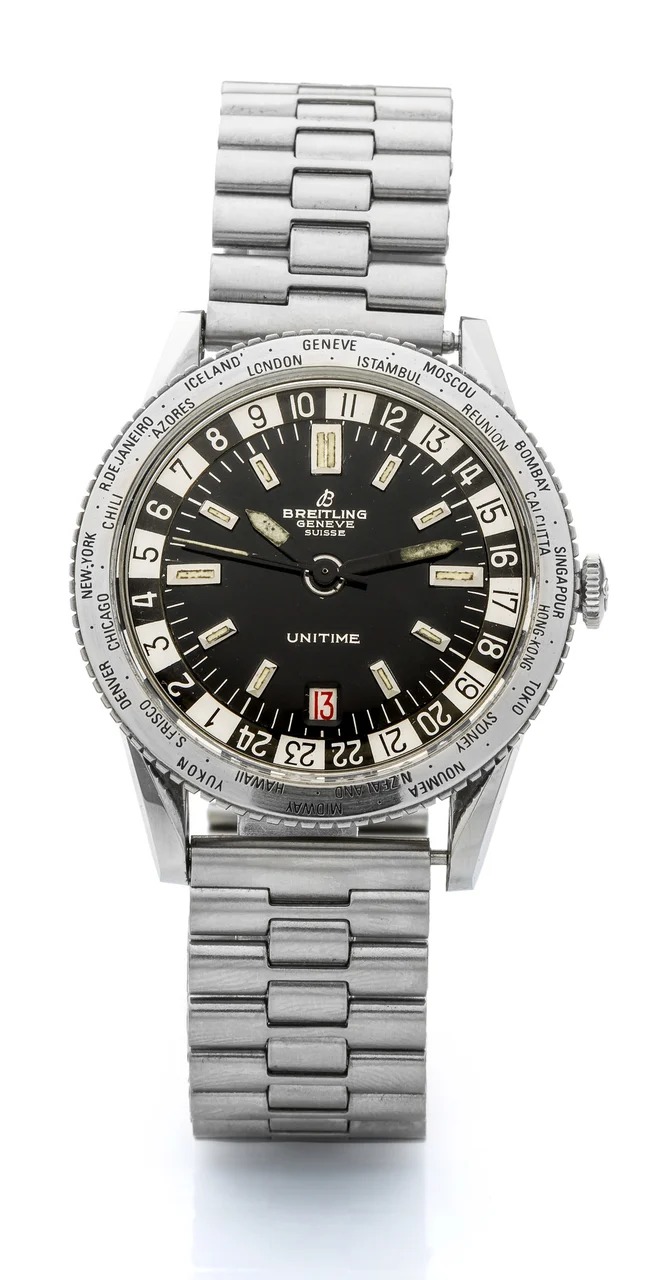 Breitling BREITLING, REF. 2610, UNITIME A fine and rare, self-winding, stainless steel world-time wristwatch with revolving bezel (after-market). kol saati
