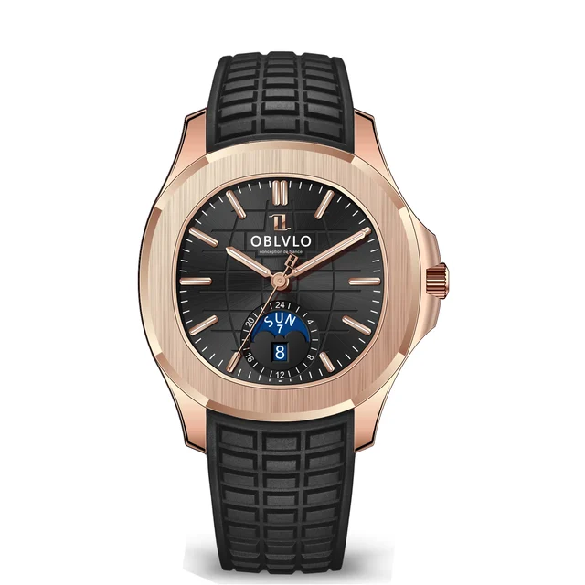 OBLVLO Rubber Strap,Rose Gold Bezel,Black Dial FM Series,39mm,Black Rubber Strap,Rose Gold