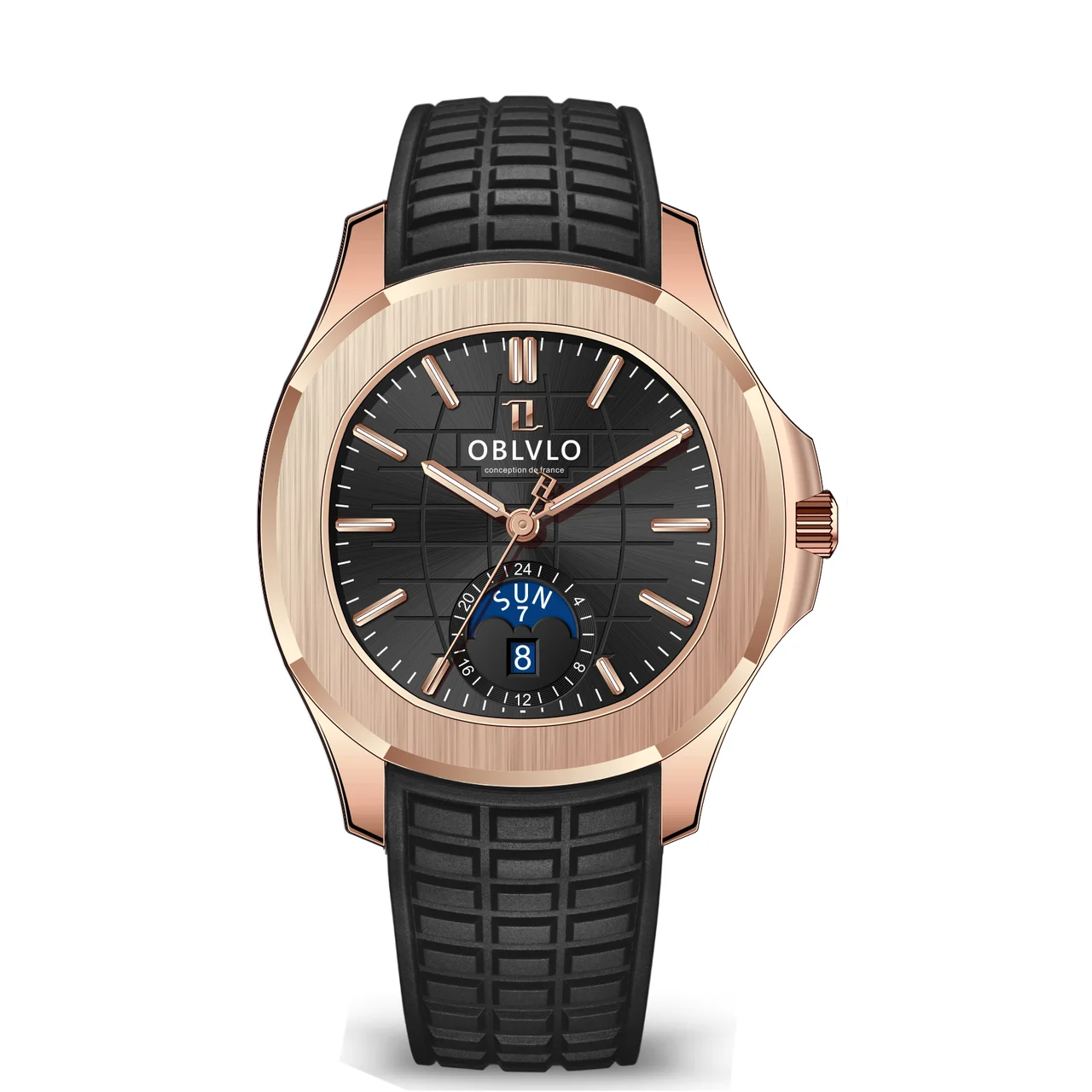 OBLVLO Rubber Strap,Rose Gold Bezel,Black Dial FM Series,39mm,Black Rubber Strap,Rose Gold Bezel,Black Dial 39 mm kol saati