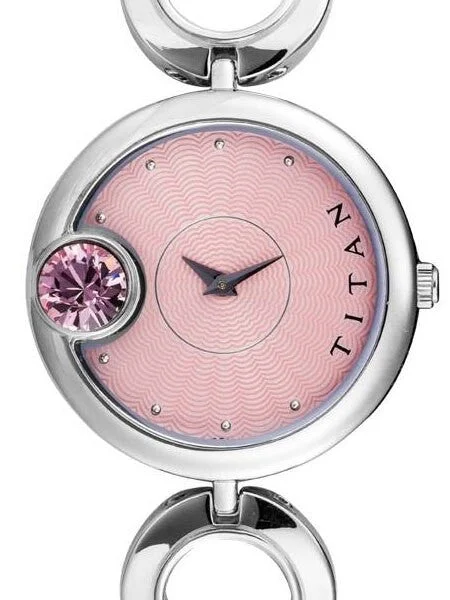 Titan Pink Dial Quartz Watch with Purple Crystal and Stainless Steel Bracelet #2503SM01 kol saati