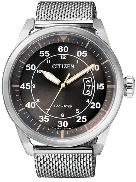 Citizen Eco-Drive Anthracite Dial Pilot Watch with Mesh Bracelet #AW1360-55F 45 mm kol saati