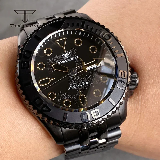Tandorio Yacht Master Pvd Black Domed Sapphire NH36 41mm Diver Dragon Pattern 20BAR 14:200