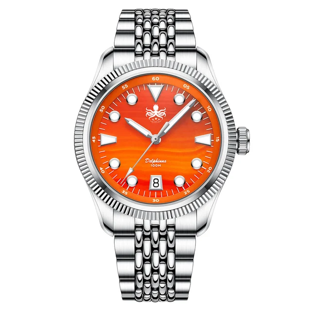 Phoibos Delphinus Automatic Watch with Orange Agate Dial #PY066F kol saati