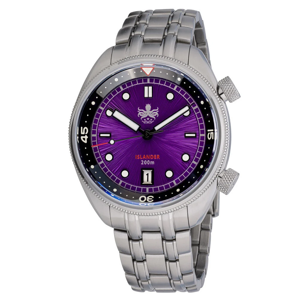 Phoibos ISLANDER Limited Edition Eagle Ray Dive Watch with Sunburst Purple Dial #PY039-LIW22 41 mm kol saati