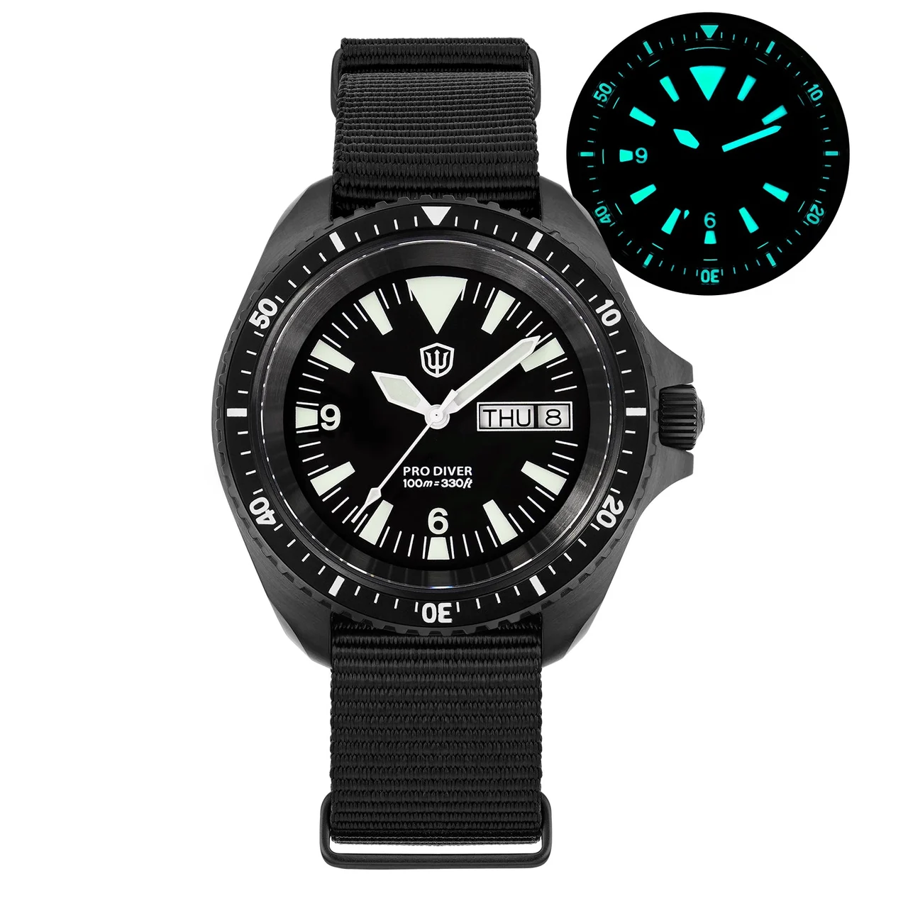 Cronos Watch Store Watchdives WD1980 VH31 Military Diver Watch V3 WD1980-V3-PVD黑壳双日历-朗达517机芯-黑色尼龙带 45.5 mm kol saati