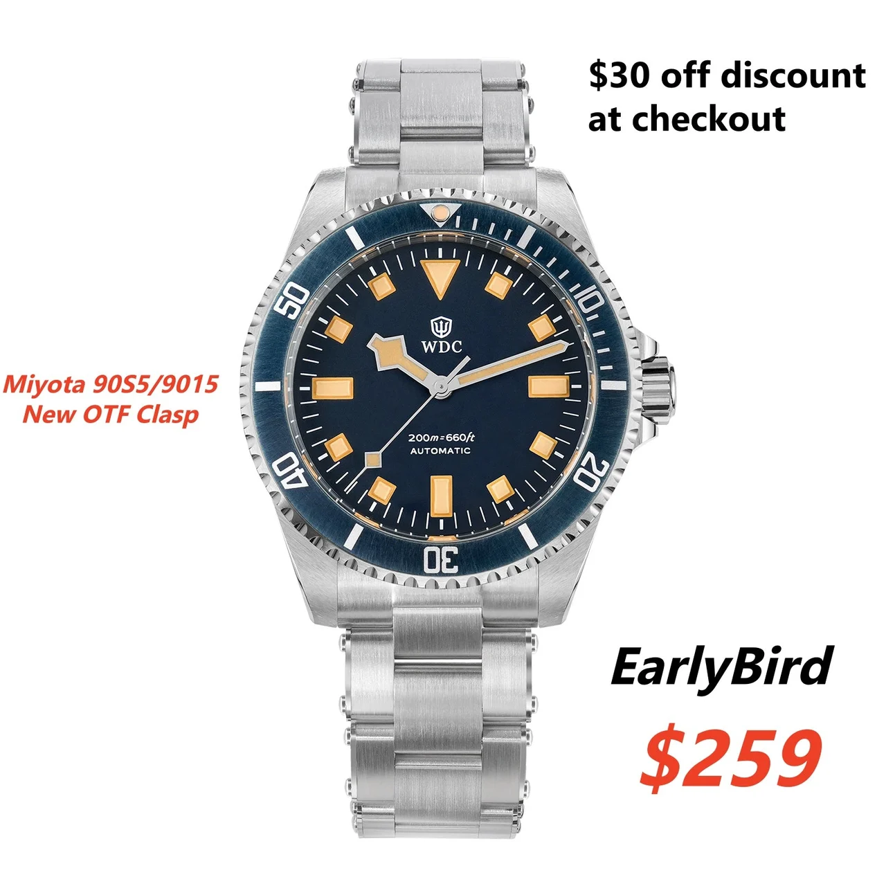 Watchdives Vintage Sub Watch WD5513M- 901S5机芯-黑面米色奔驰针-带日历/铆钉+飞扣 40.7 mm kol saati