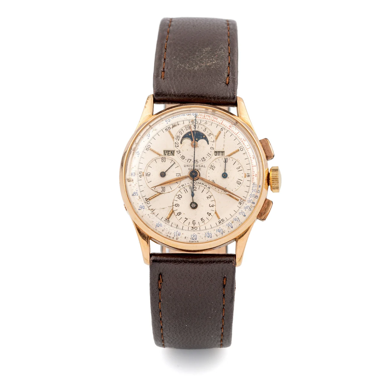 Universal Ref. 12266, Tri-Compax; 18K yellow gold kol saati
