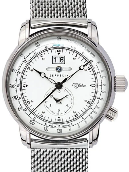 Graf Zeppelin German Made, Big Date, Dual Time Watch with Mesh Bracelet. #7640M-4 42 mm kol saati