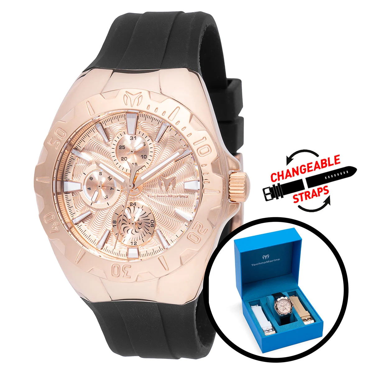 Technomarine Cruise Original Watch - 40mm. Black. White. Light Brown with Interchangeable Strap (TM-124007) 40 mm kol saati