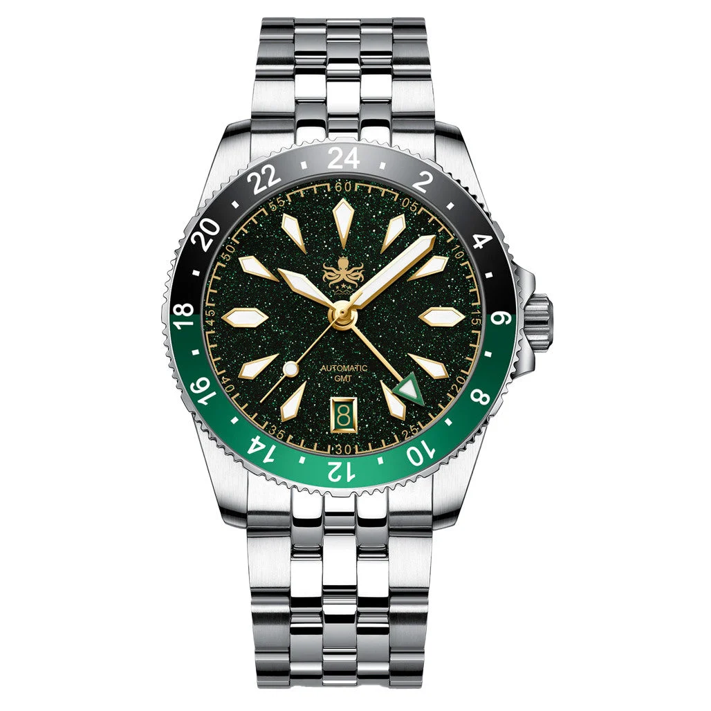 Phoibos Voyager GMT Automatic Watch with Green Aventurine Dial #PY058A kol saati
